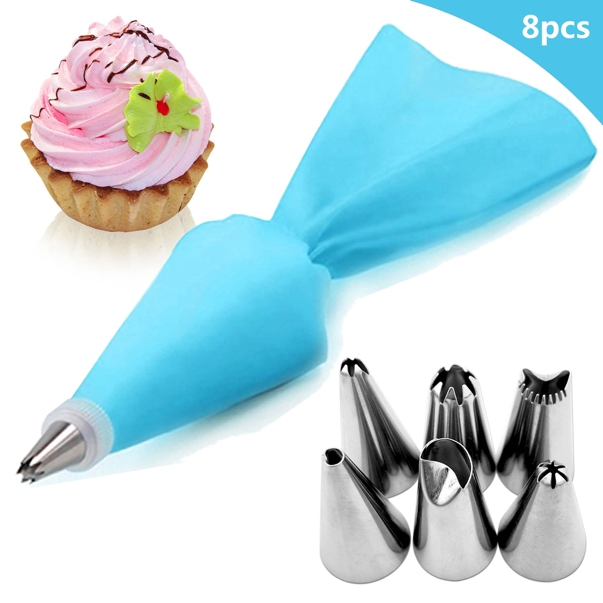 Silicone Glacê Piping Bag, 6 Bico De Bolo De Aço Inoxidável, Dicas De Decoração Do Bolo DIY, Ferramentas De Pastelaria Fondant, 8Pcs por Saco