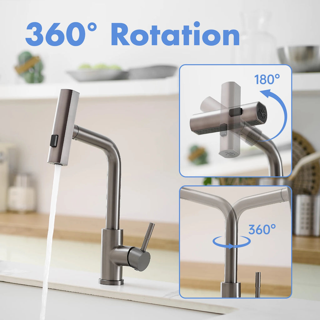 Modern Single Handle 360° Swivel Stainless Steel Waterfall Kitchen Faucet with Pull Out Sprayer Single Hole Kitchen Sink Faucet