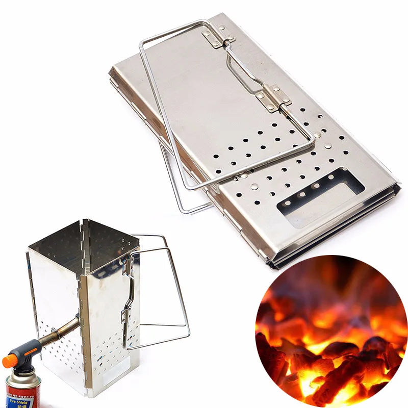 Stainless Steel Firewood Stove for Camping Folding Charcoal Starter with Carry Bag for Outdoor BBQ Grills