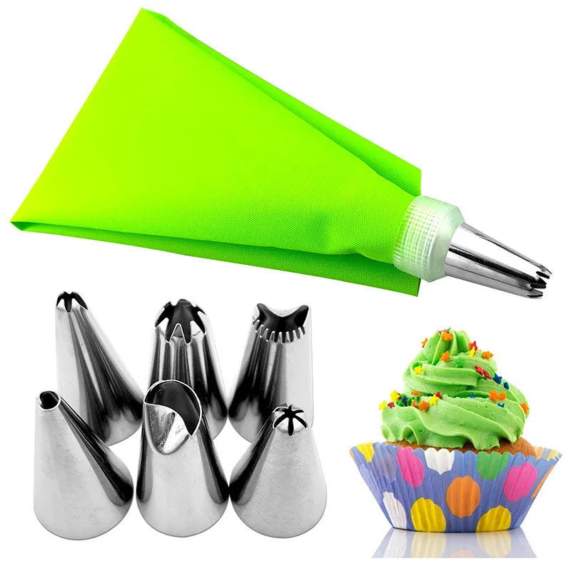 Silicone Glacê Piping Bag, 6 Bico De Bolo De Aço Inoxidável, Dicas De Decoração Do Bolo DIY, Ferramentas De Pastelaria Fondant, 8Pcs por Saco