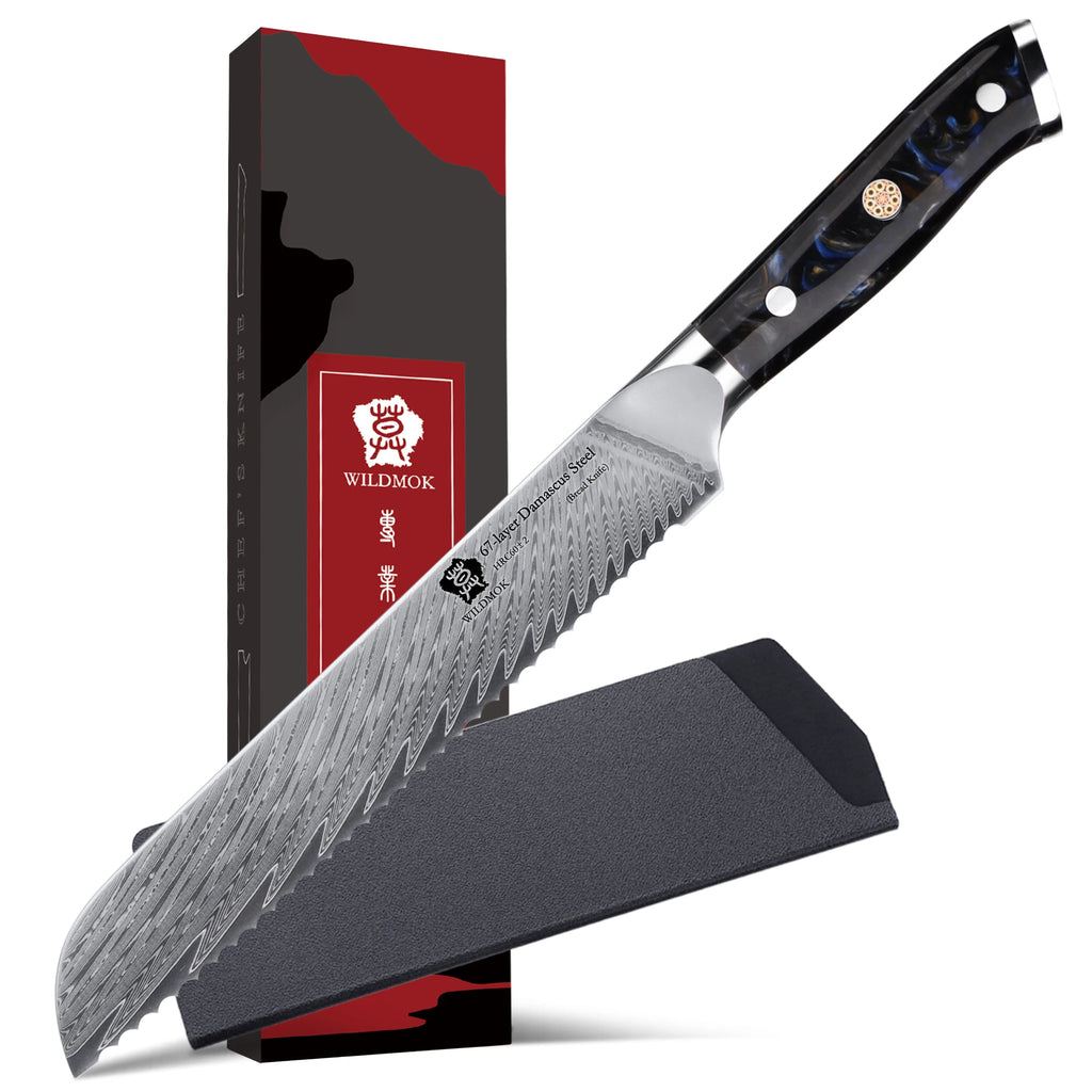 WILDMOK 8-Inch Damascus Serrated Steel Bread Knife with Ergonomic Full Tang Resin Handle Kitchen Knives