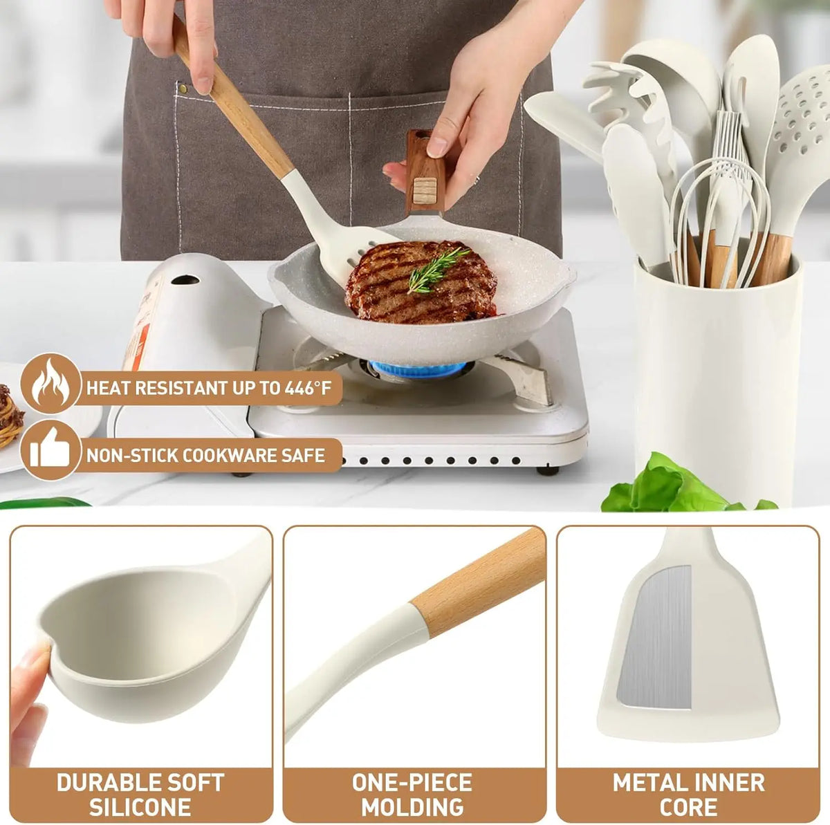 Silicone Cooking Utensils Kitchen Utensil Set - 446°F Heat Resistant Utensils Set Kitchen Gadgets for Nonstick Cookware BPA Free