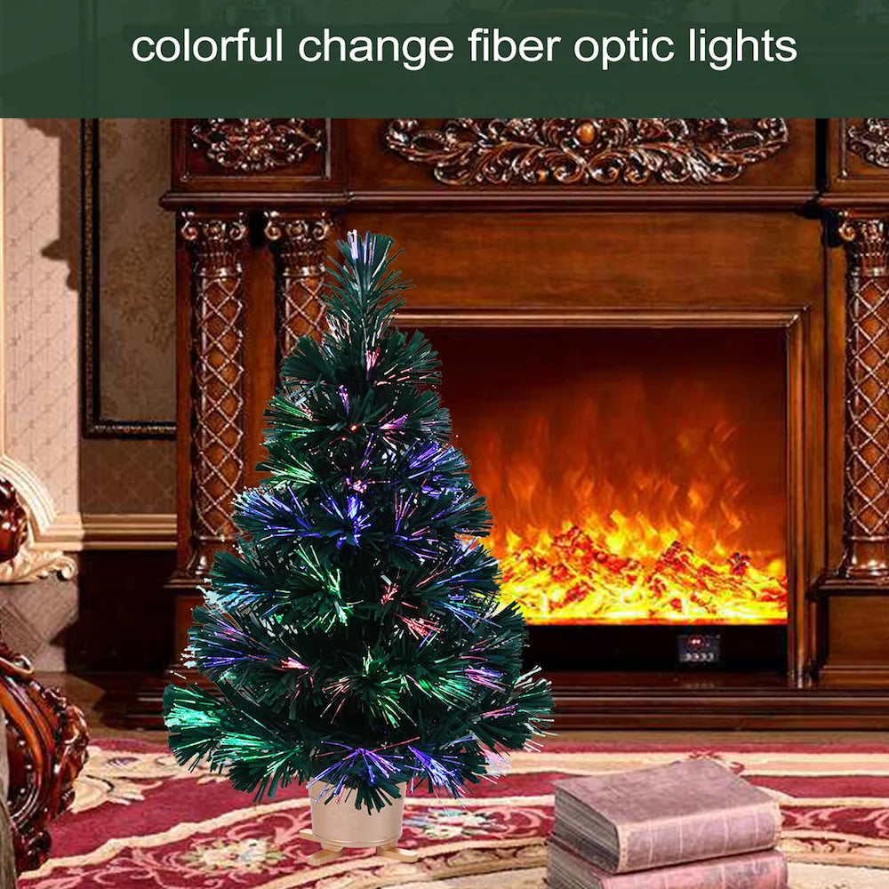 Mini árvore de Natal artificial de mesa de fibra óptica com luzes LED, base dourada, verde, pré-iluminada, árvore de Natal, 24 polegadas