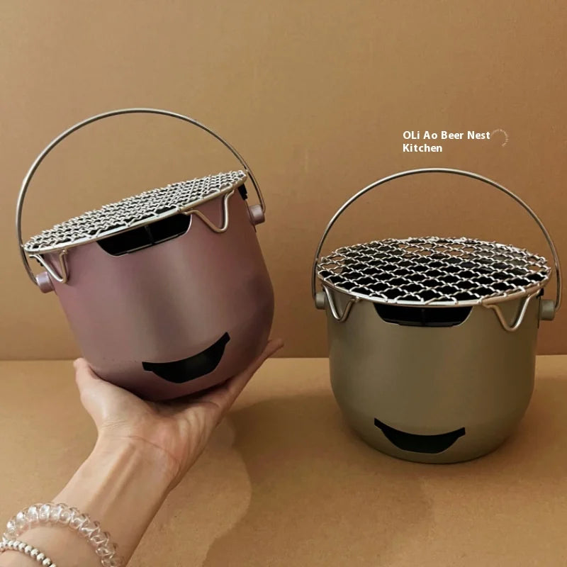 Portable Stainless Steel Korean-Style BBQ Grill Mini Outdoor Household Barbecue Stove with Carbon Tea Olive Alcohol Encirclement