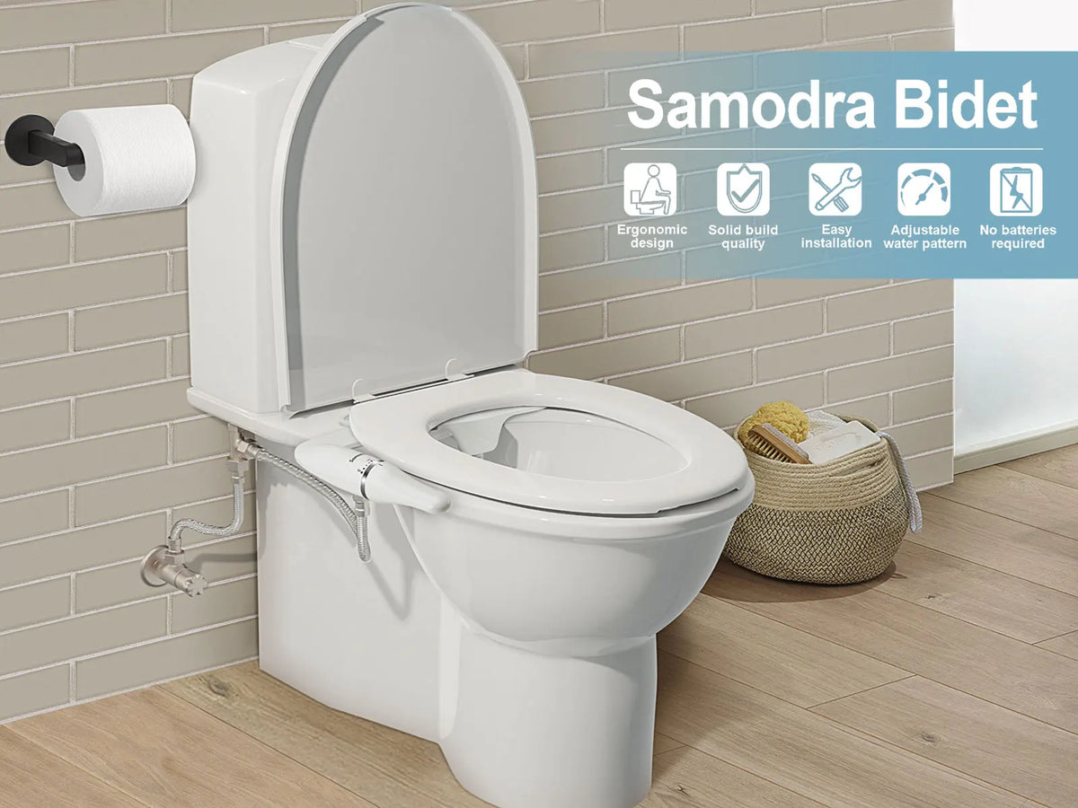 SAMODRA Bidé de vaso sanitário ultrafino, acessório de assento de vaso sanitário com entrada de latão, pressão de água ajustável, chuveiro higiênico de banheiro