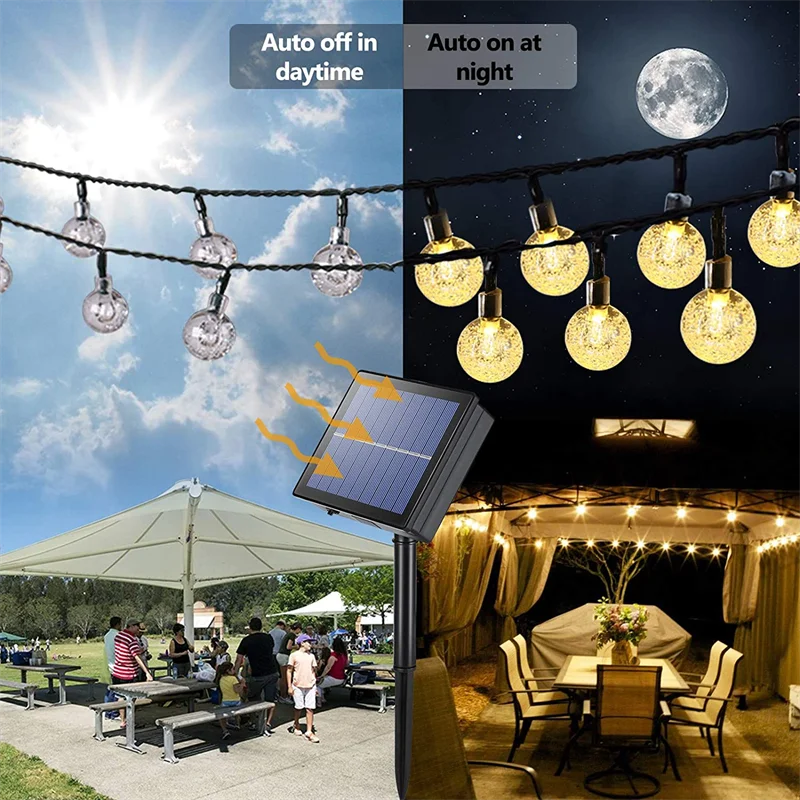 Corda solar globo de cristal luzes 60 led 8 modos de iluminação ip65 luz de fadas guirlanda de natal para decoração de festa de jardim 1 peça/2 peças