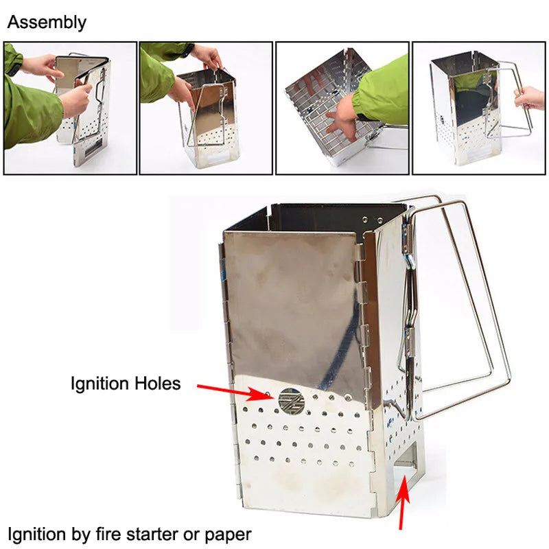 Stainless Steel Firewood Stove for Camping Folding Charcoal Starter with Carry Bag for Outdoor BBQ Grills