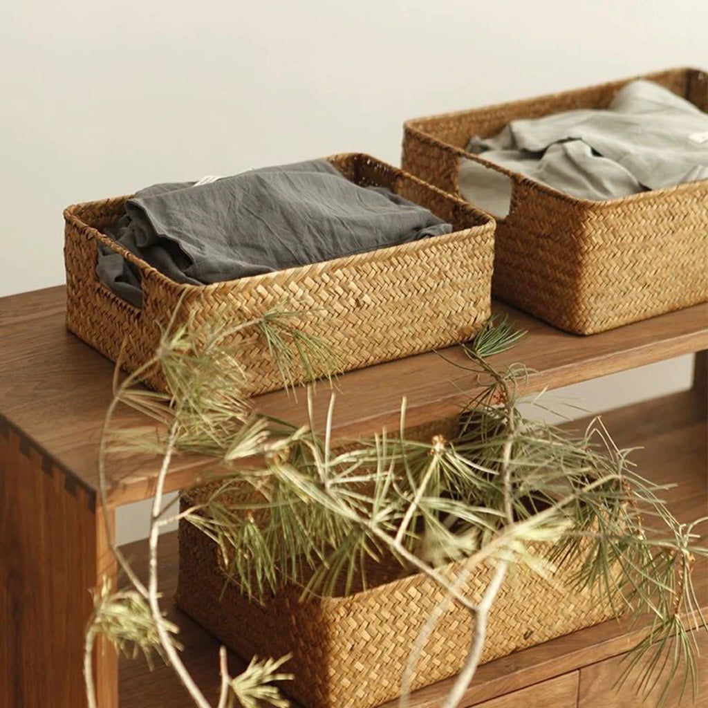 Zerolife cesta de ervas marinhas tecidas naturais, cesta de palha de vime para mesa de casa, toalhas de pão de frutas, pequeno recipiente de armazenamento de cozinha