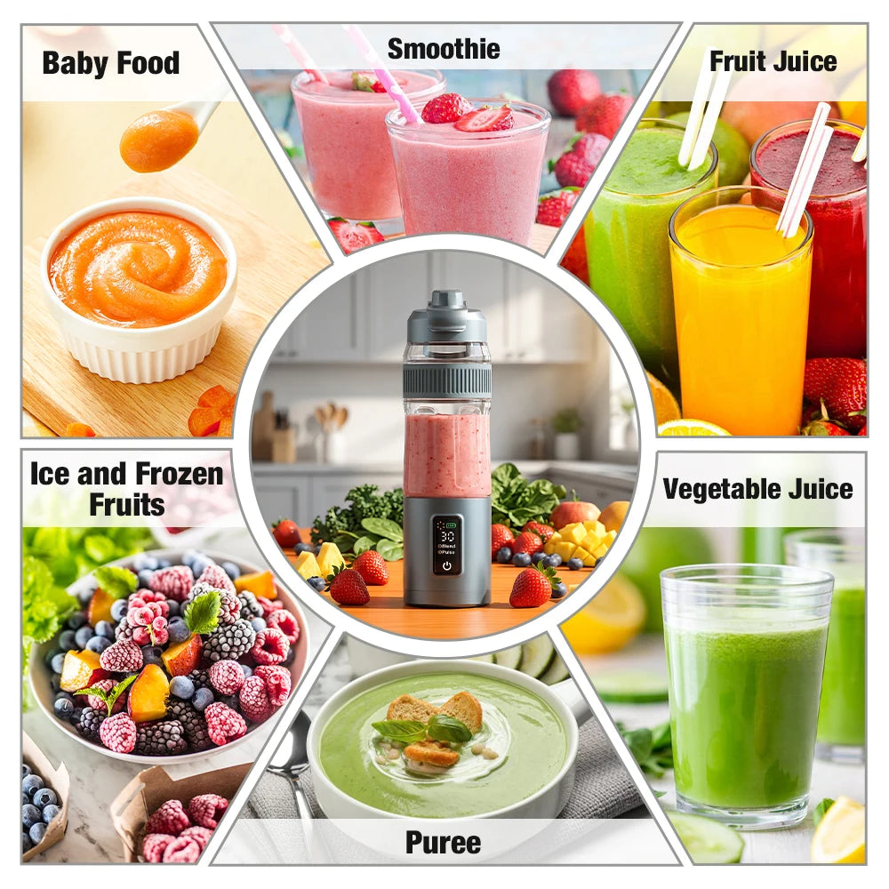 Portable Rechargeable Electric Mini Blender 6 Stainless Steel Blades Home Use USB Juicer Hotel Outdoor Button BPA Free Container