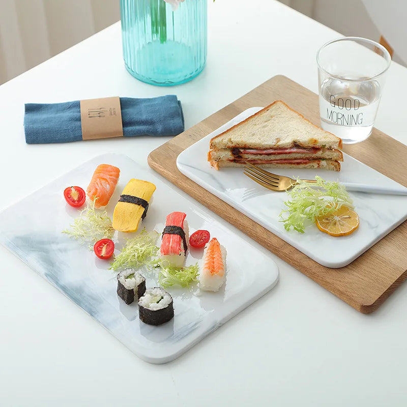 Tábua de corte de mármore para biscoitos de queijo e servir sushi, prato retangular de cerâmica, bandeja de armazenamento, recipiente de alimentos, louça