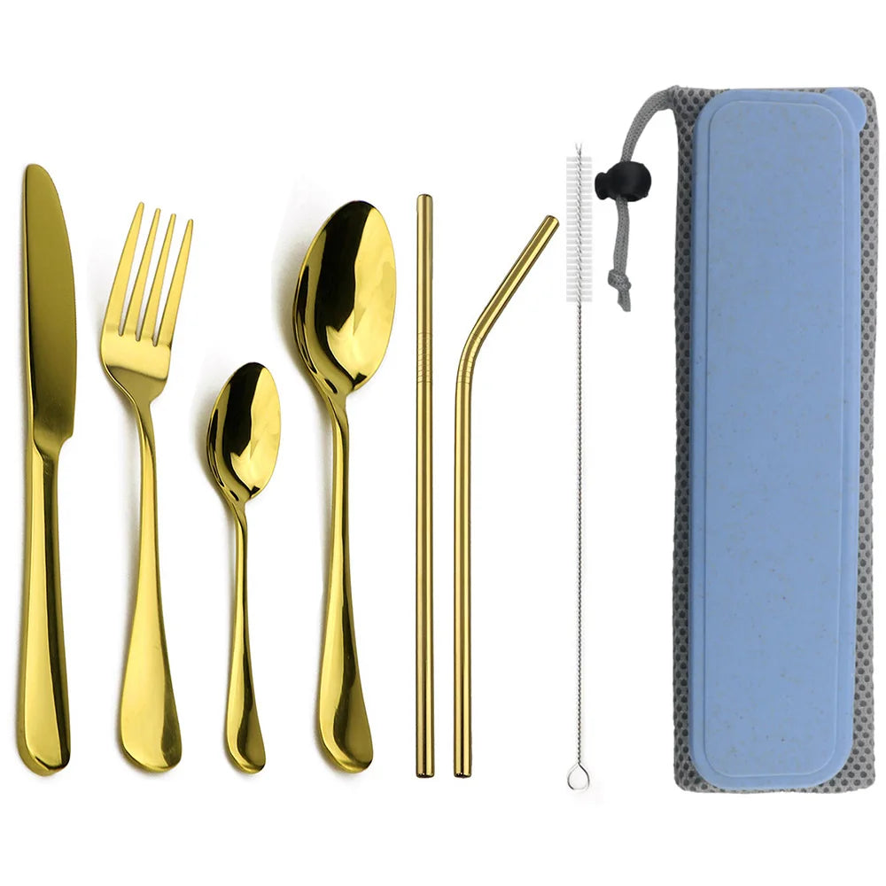 Conjunto de louça portátil faca garfo colher metal palha conjunto talheres com caixa saco para viagens caminhadas piquenique jantar conjunto Kasa & Pet