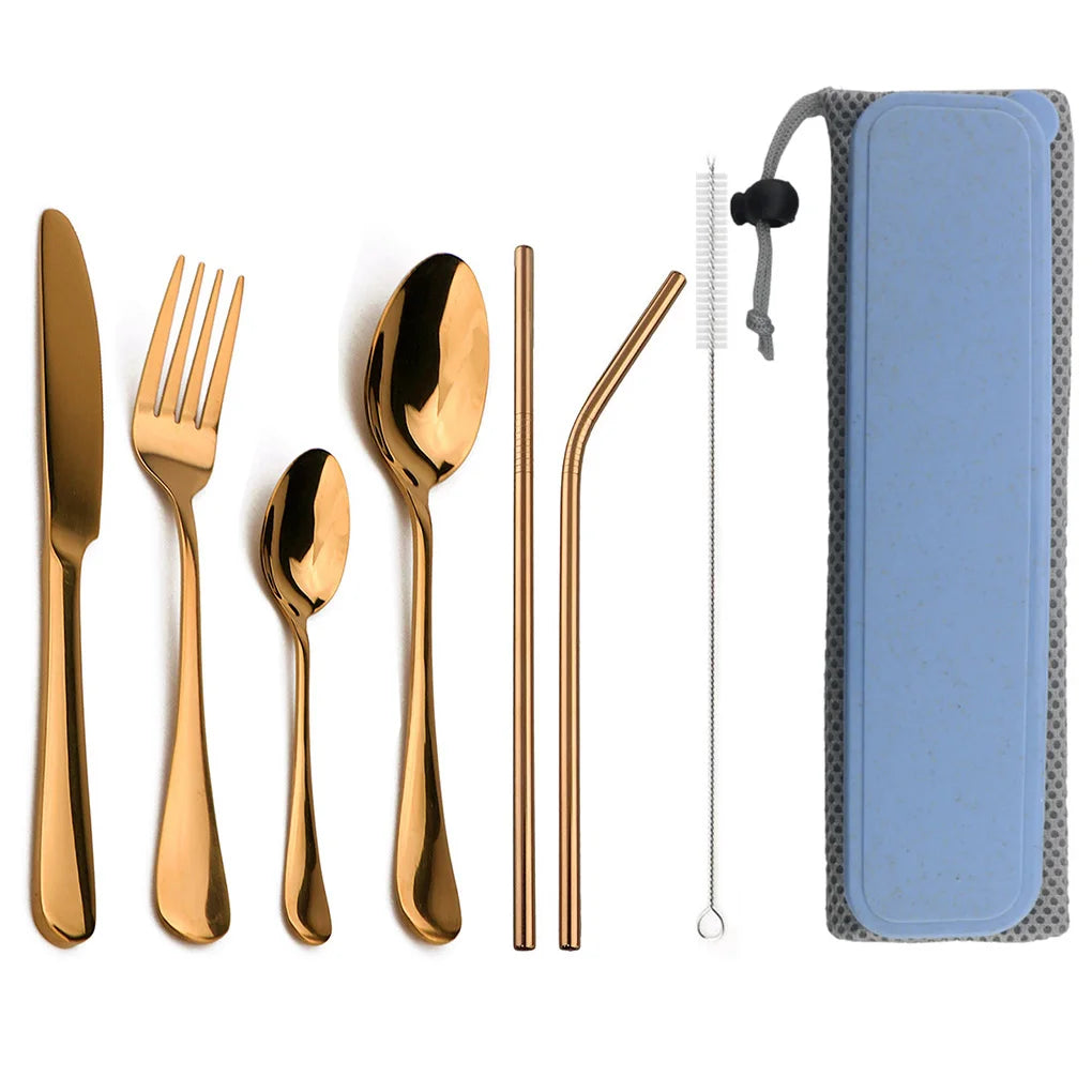 Conjunto de louça portátil faca garfo colher metal palha conjunto talheres com caixa saco para viagens caminhadas piquenique jantar conjunto Kasa & Pet