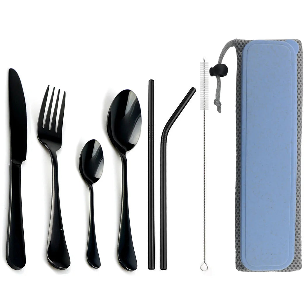 Conjunto de louça portátil faca garfo colher metal palha conjunto talheres com caixa saco para viagens caminhadas piquenique jantar conjunto Kasa & Pet