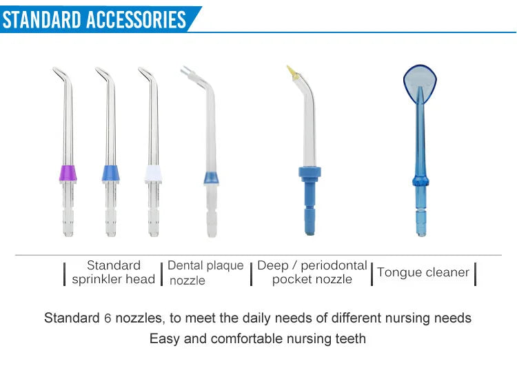 Fio dental de água + 6 pontas, massageador limpo de dentes, 20-120psi, higiene oral, irrigador dental de água, 1000ml, limpador de dentes