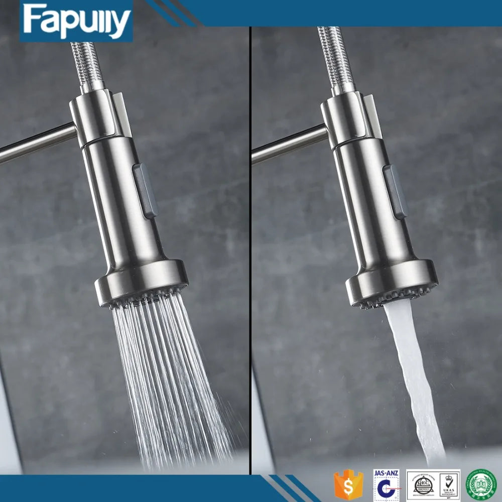 Fapully Contemporary Single-Handle Kitchen Sink Faucet 2-Function Pull-Down Sprayer Brushed Nickel Brass for Bathroom Use