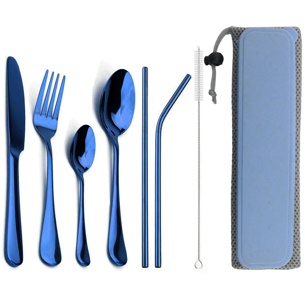 Conjunto de louça portátil faca garfo colher metal palha conjunto talheres com caixa saco para viagens caminhadas piquenique jantar conjunto