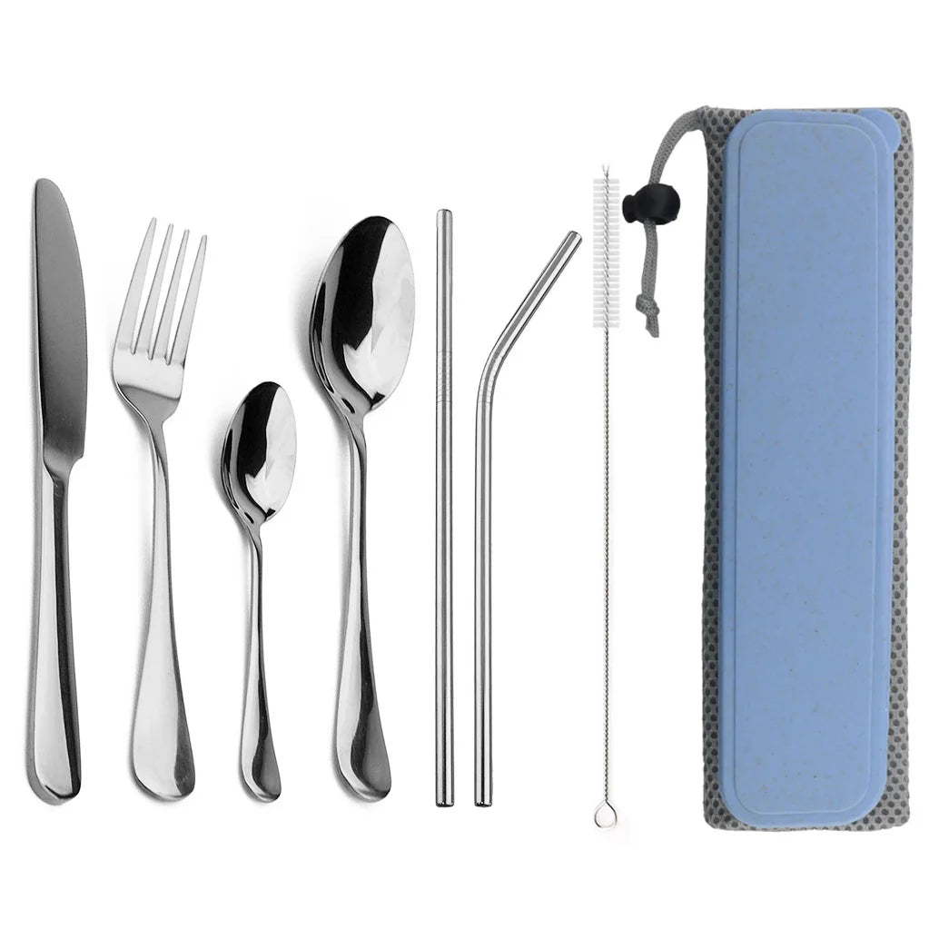 Conjunto de louça portátil faca garfo colher metal palha conjunto talheres com caixa saco para viagens caminhadas piquenique jantar conjunto Kasa & Pet