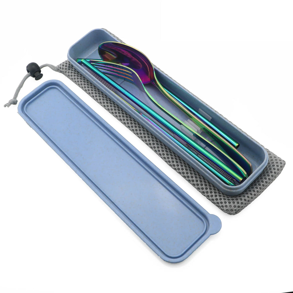 Conjunto de louça portátil faca garfo colher metal palha conjunto talheres com caixa saco para viagens caminhadas piquenique jantar conjunto