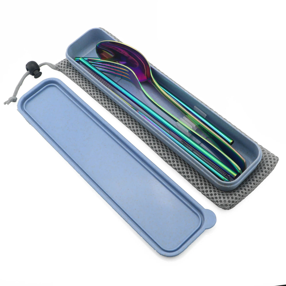Conjunto de louça portátil faca garfo colher metal palha conjunto talheres com caixa saco para viagens caminhadas piquenique jantar conjunto
