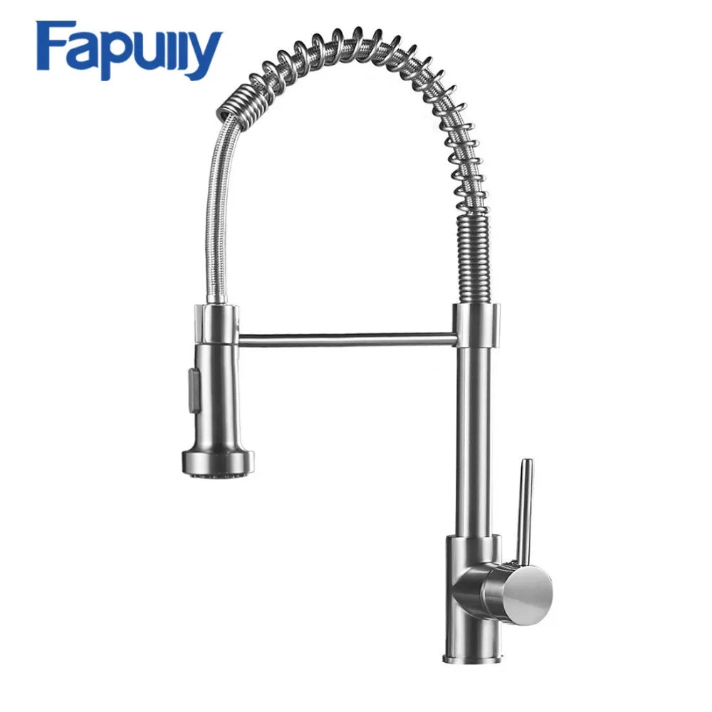 Fapully Contemporary Single-Handle Kitchen Sink Faucet 2-Function Pull-Down Sprayer Brushed Nickel Brass for Bathroom Use