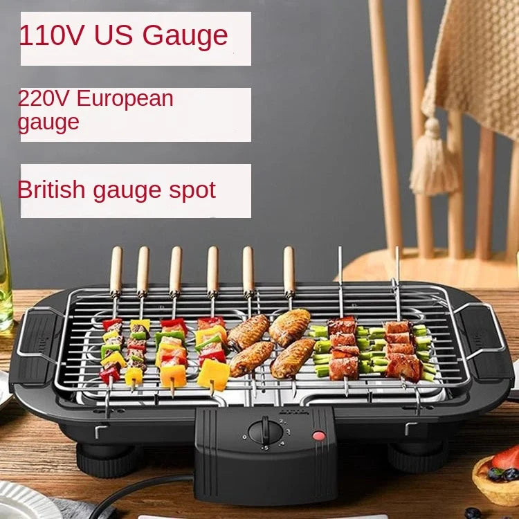 220V 110V European Gauge Smokeless Non-stick Electric Barbecue Grill 1350W Mechanical Control Plate Stove Dual-purpose