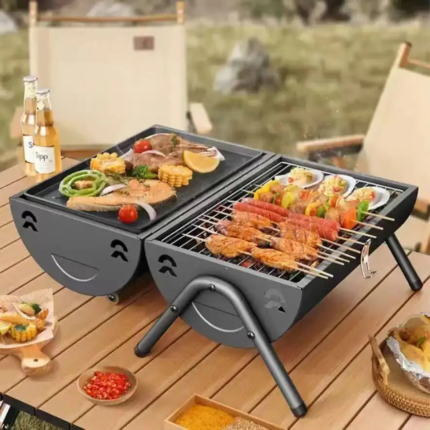 Outdoor Thickened BBQ Grill Portable Multi-Functional with Chimney Double-Sided Household Charcoal Stove Camping Barbecue