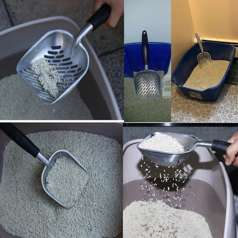 Colher grande da areia do gato do metal, Peneira Kitty com pá profunda, Punho ergonômico, Feito de alumínio sólido resistente