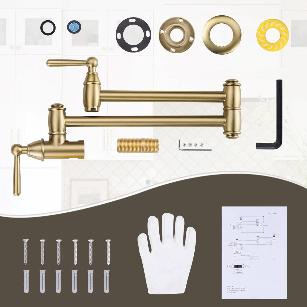 Gold Pot Filler Faucet, Two Handles Kitchen Sink Pot Filler Taps, Single Hole Folding Kitchen Faucet for Sink Stove