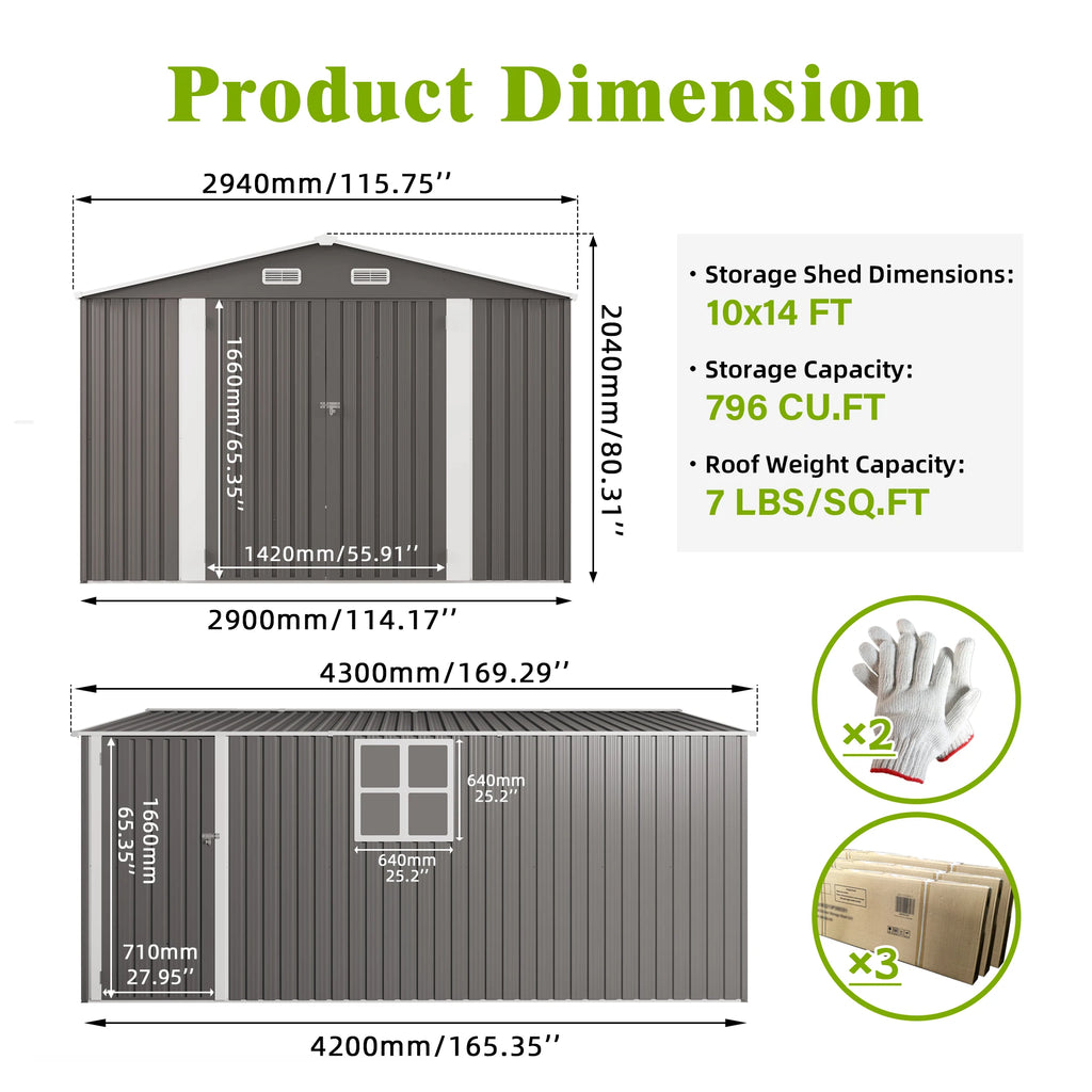 10x14FT Modern Galvanized Steel Garden Tools Storage Shed Waterproof Rodent Proof Eco-Friendly Features Foundation Included Free