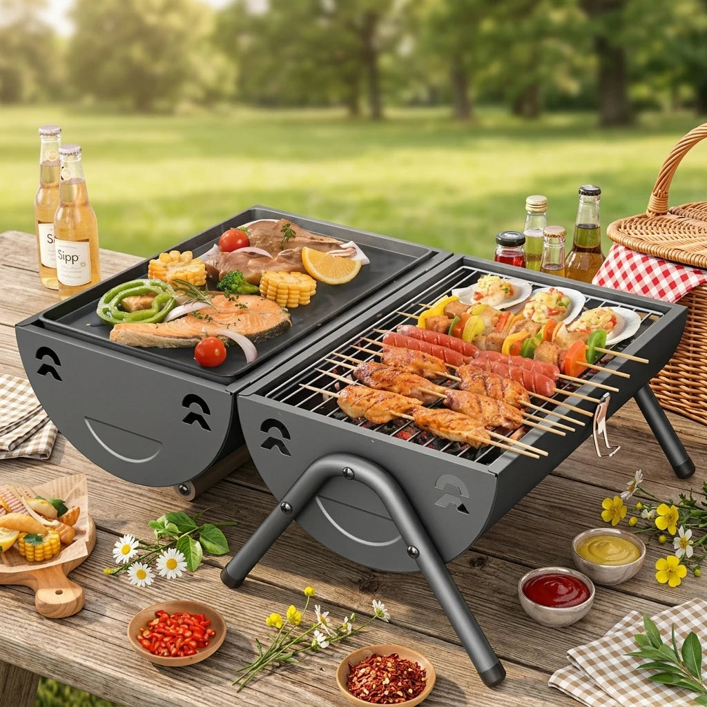 Outdoor Thickened BBQ Grill Portable Multi-Functional with Chimney Double-Sided Household Charcoal Stove Camping Barbecue