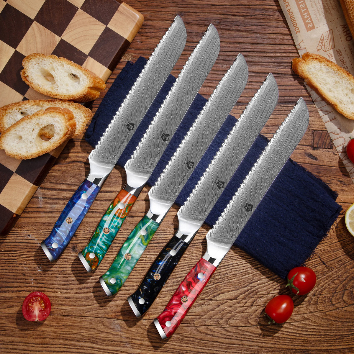 WILDMOK 8-Inch Damascus Serrated Steel Bread Knife with Ergonomic Full Tang Resin Handle Kitchen Knives