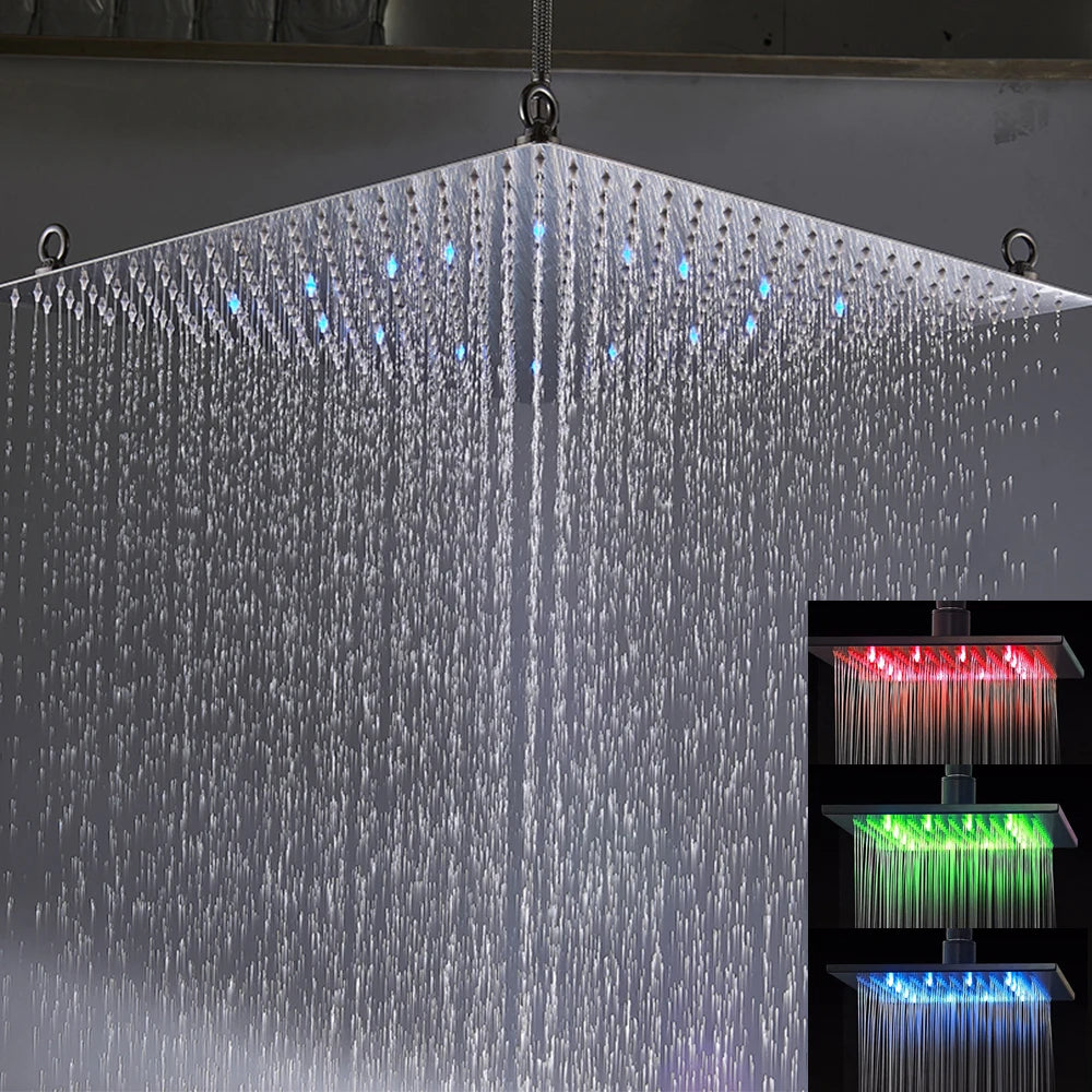Cabeça de chuveiro de chuva preta com luz LED 20 ''Grande cabeça de torneira de chuveiro de chuva quadrada de latão cabeça que muda de cor