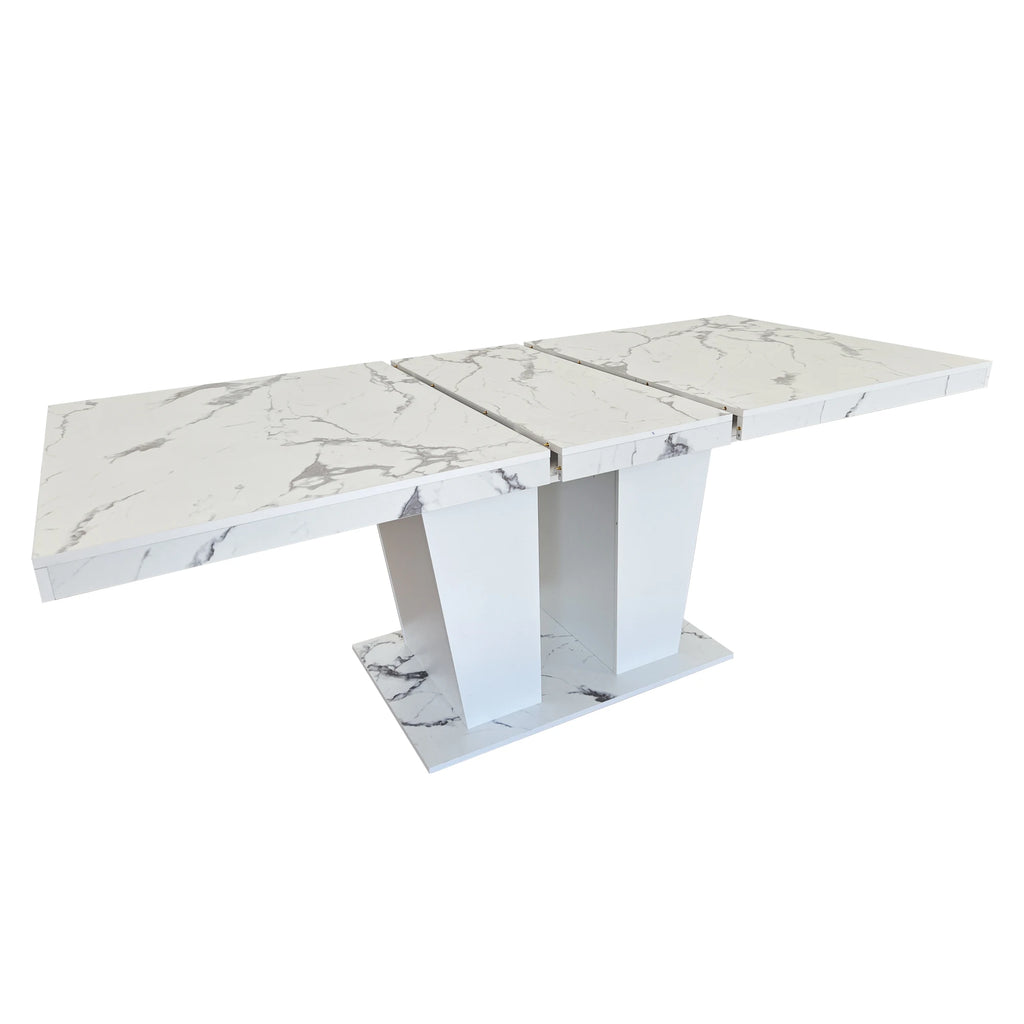 Extendable Dining Room Table 6-10 Modern White Faux Marble Particle Board Expandable Square Kitchen Table W/Dual Column Pedestal
