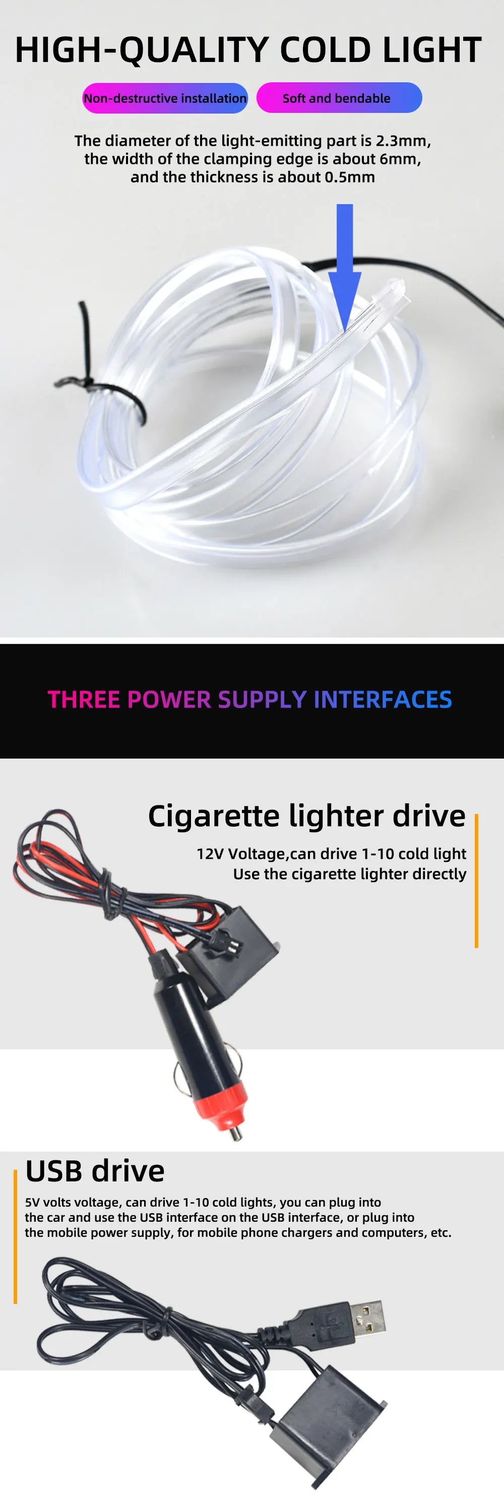 1m/2m/3m/5m interior do carro conduziu a lâmpada decorativa el fiação tira de néon para auto diy flexível luz ambiente festa atmosfera diodo usb