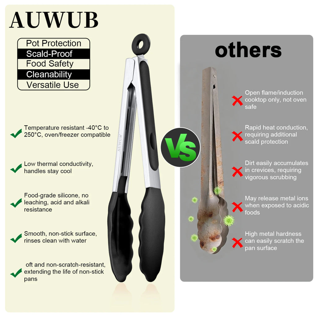 9+12 Inch Silicone Food Tong Stainless Steel Silicone Non-slip Cooking Clip Clamp BBQ Salad Tools Cooking Kitchen Accessories