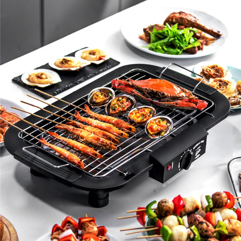 220V 110V European Gauge Smokeless Non-stick Electric Barbecue Grill 1350W Mechanical Control Plate Stove Dual-purpose