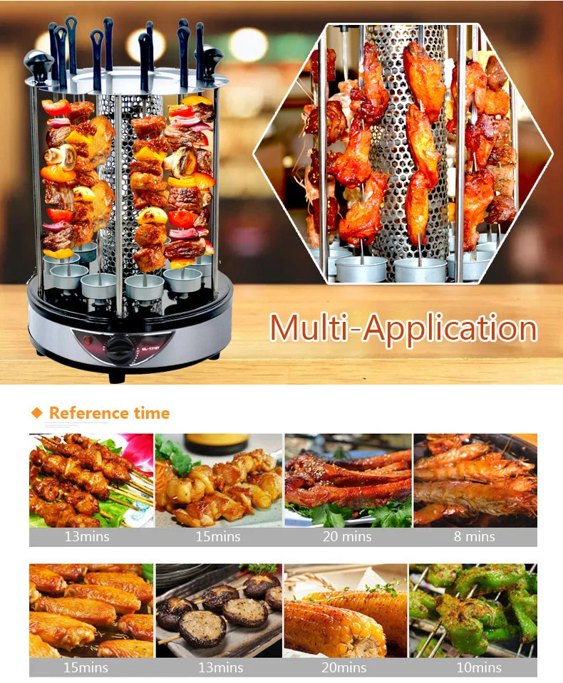 Grelhador Elétrico para Churrasco com 6/8/10 Espetos, Grelhador Vertical Rotativo Automático com Temporizador, Ferramenta para Churrasco sem Fumaça, Máquina Rotativa para Espetos de Kebab