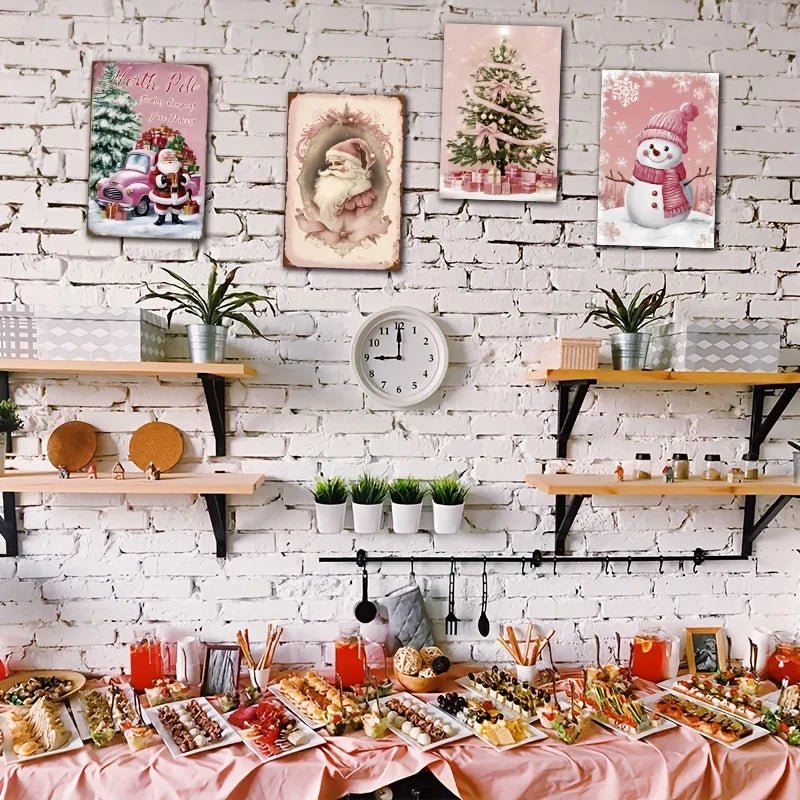 Vintage Pink Christmas Santa Floral Metal Signs Set Retro Christmas Home Wall Decor for Kitchen Living Room Decor - Kasa & Pet
