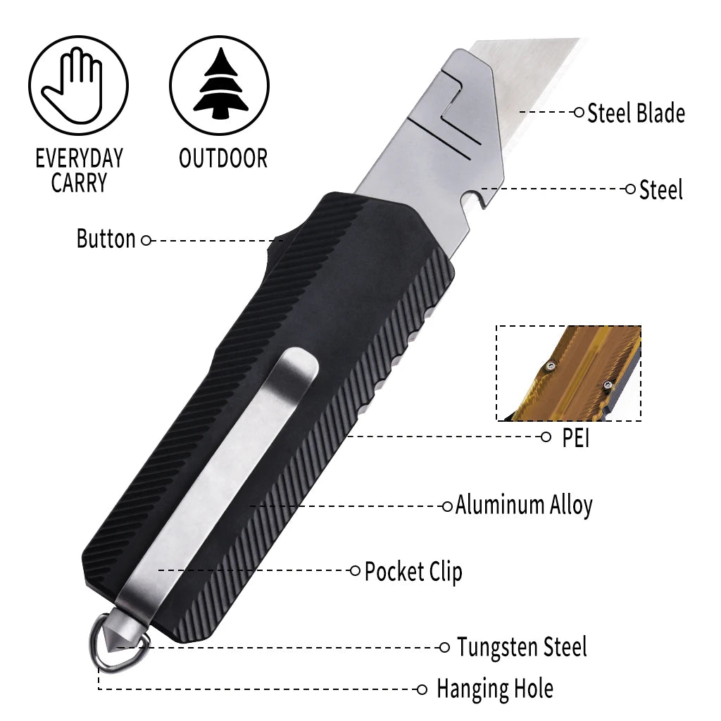 TGZUO Premium PEI Aluminum Retractable Utility Knife with Window Breaker OTF Slider Pocket Knife CNC EDC Tool Knife