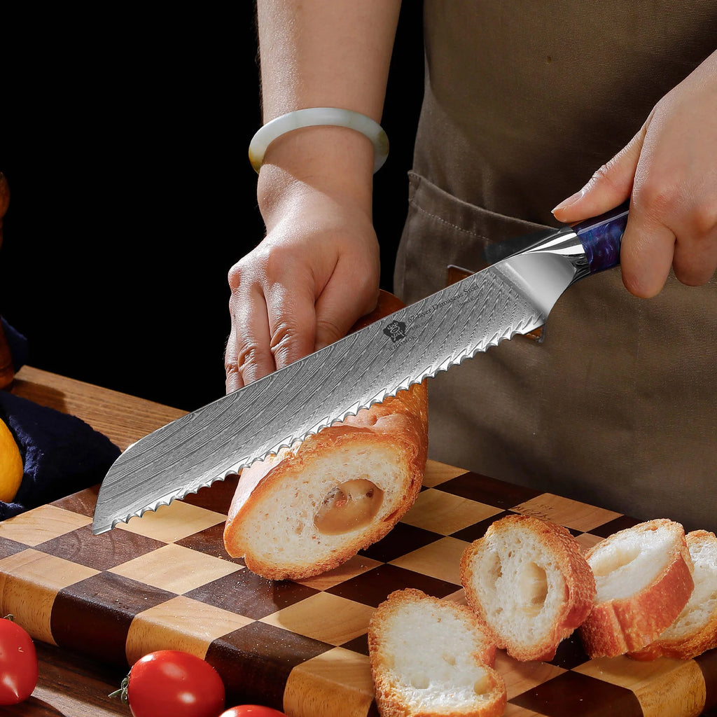 WILDMOK 8-Inch Damascus Serrated Steel Bread Knife with Ergonomic Full Tang Resin Handle Kitchen Knives