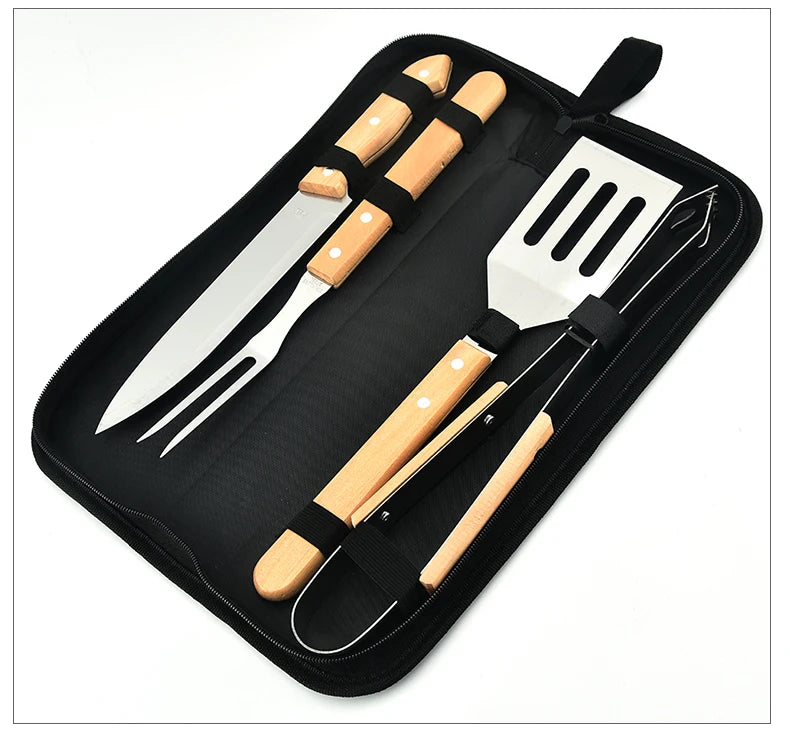 Factory Tik Tok Hot Selling Camping Outdoor Portable 6PCS Wooden Handle BBQ Grill Tools Set With Oxford Bag