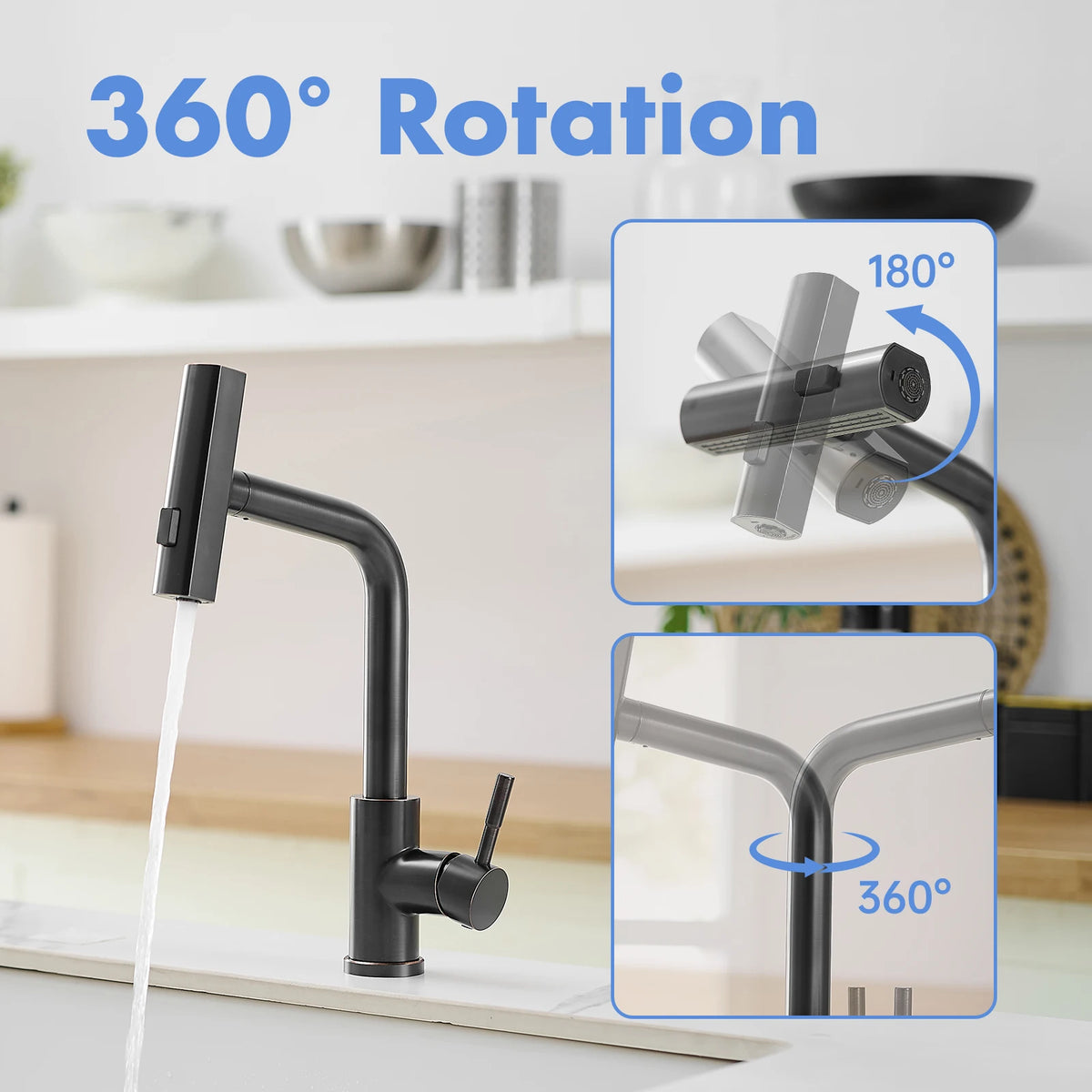 Modern Single Handle 360° Swivel Stainless Steel Waterfall Kitchen Faucet with Pull Out Sprayer Single Hole Kitchen Sink Faucet
