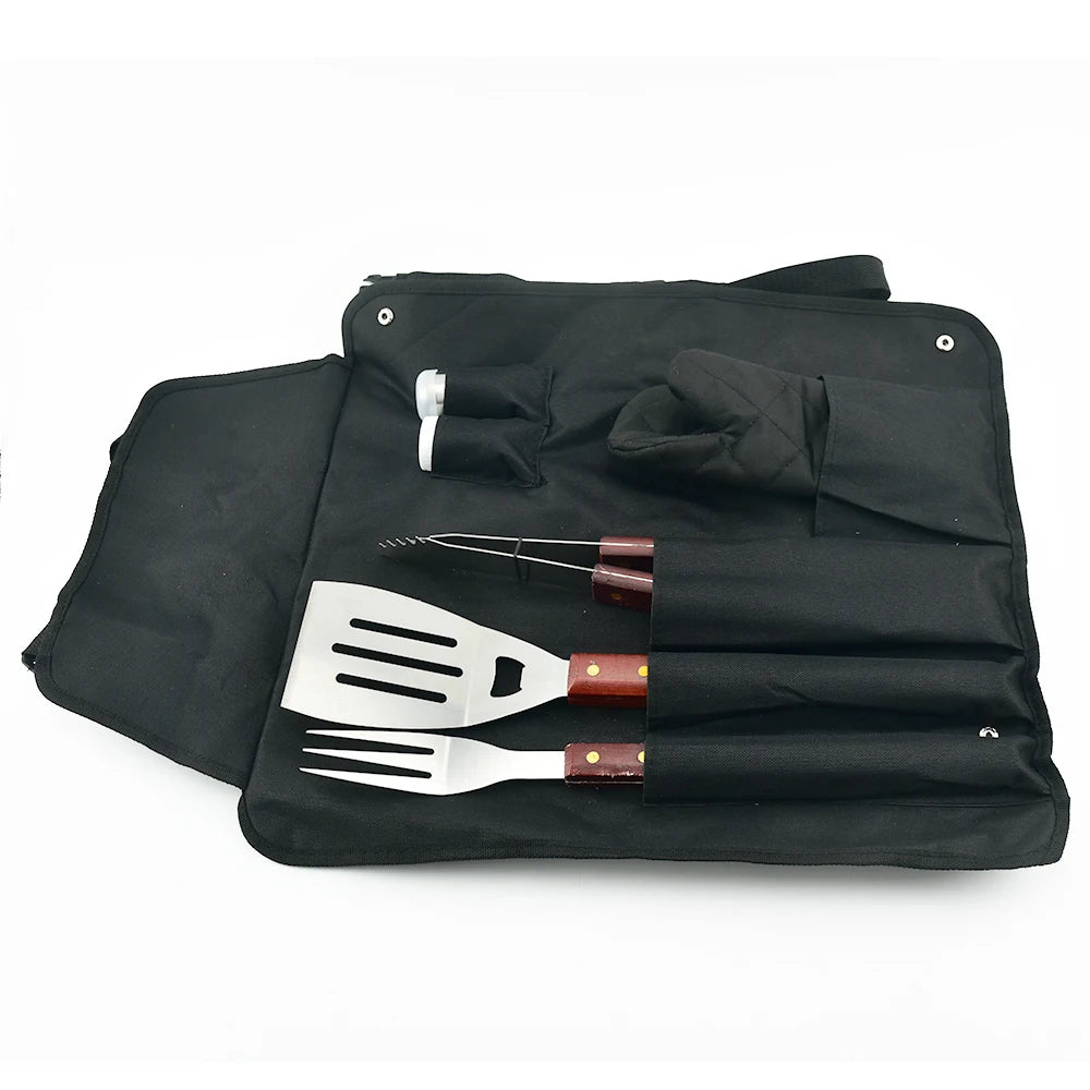 Factory Tik Tok Hot Selling Camping Outdoor Portable 6PCS Wooden Handle BBQ Grill Tools Set With Oxford Bag
