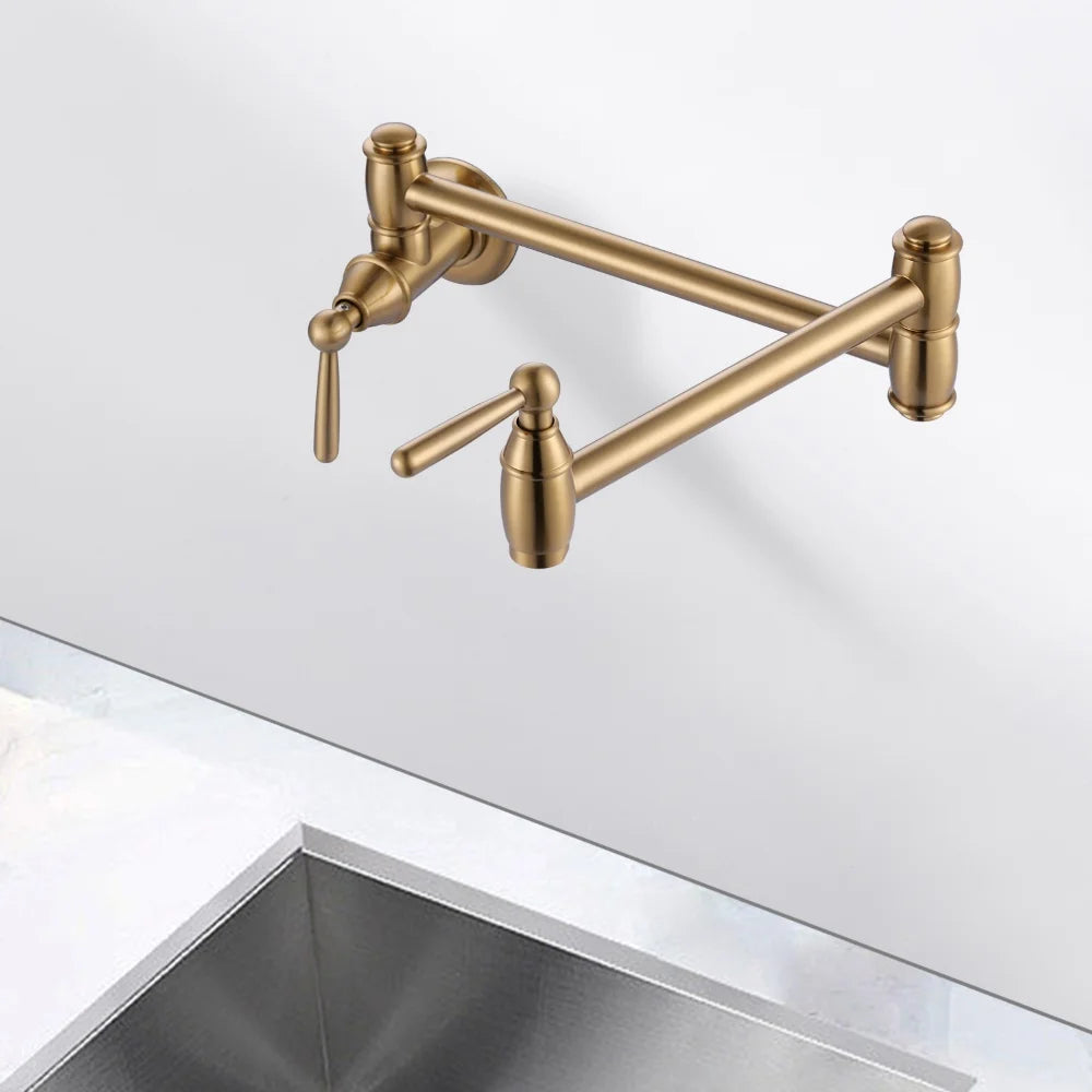 Gold Pot Filler Faucet, Two Handles Kitchen Sink Pot Filler Taps, Single Hole Folding Kitchen Faucet for Sink Stove