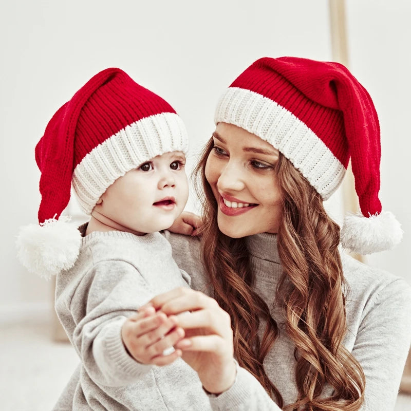Gorro de Natal Tricotado 2026 com Pompom Fofo para Adultos, Touca Macia de Papai Noel, Presente de Ano Novo para Família, Decoração de Natal