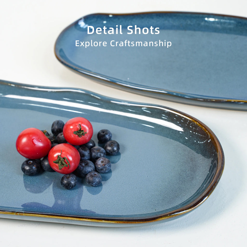 Organic Shape Irregular Ceramic Stoneware Blue Reactive Glaze Serving Tray 11in/13in Family Kitchen Use 6pc/12pc Dinnerware Sets