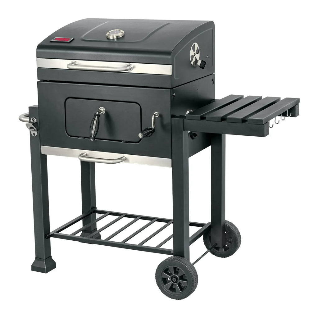 24' Painted Steel Folding Camp Charcoal Grill with Lid Black FIERO Piezo Ignition Flame Safety Device Knob Control 1 Burner