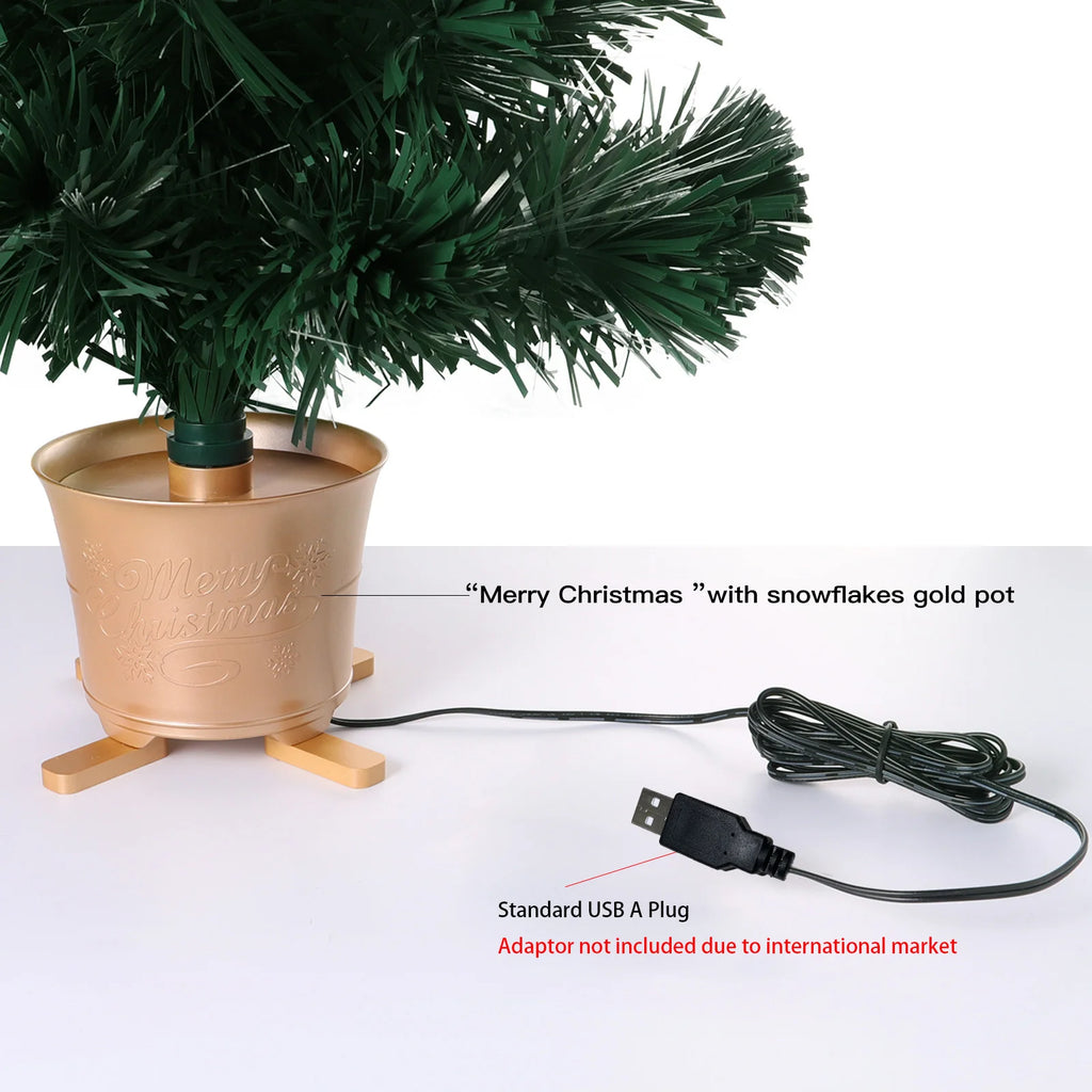 Mini árvore de Natal artificial de mesa de fibra óptica com luzes LED, base dourada, verde, pré-iluminada, árvore de Natal, 24 polegadas