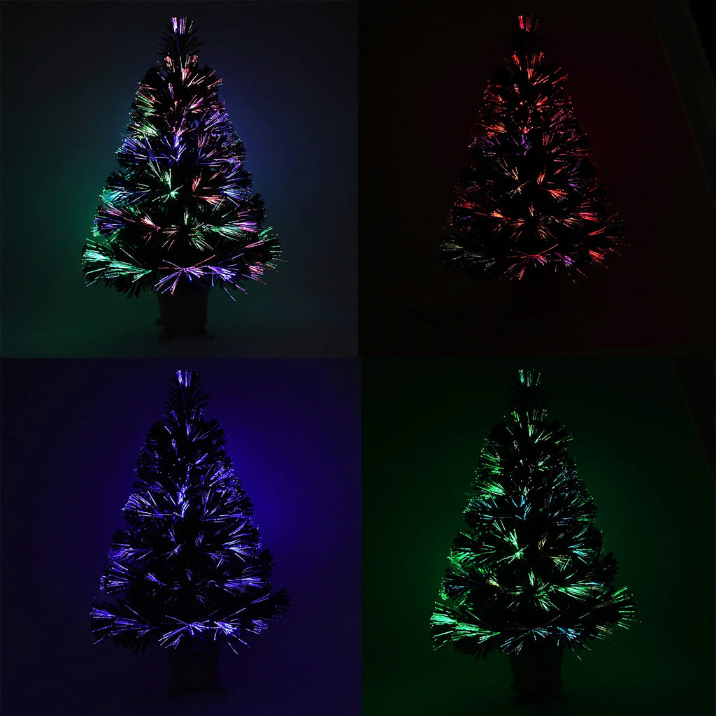 Mini árvore de Natal artificial de mesa de fibra óptica com luzes LED, base dourada, verde, pré-iluminada, árvore de Natal, 24 polegadas