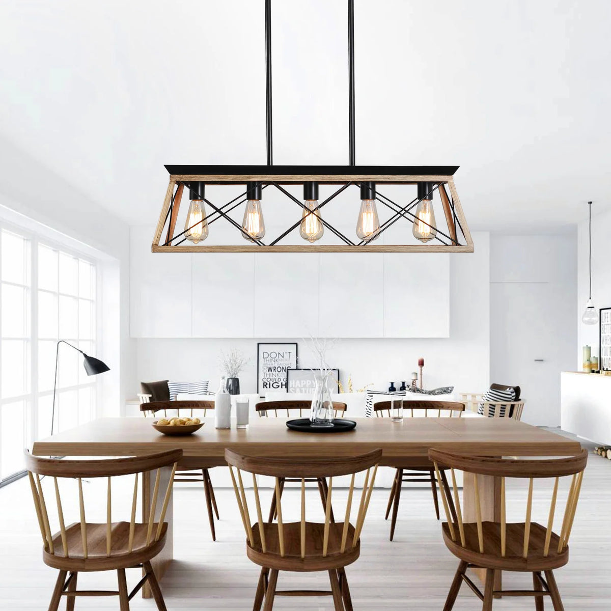5-Light Steel Farmhouse Chandeliers for Dining Room, Rustic Kitchen Island Lighting, Adjustable Height Pendant Light for Kitchen